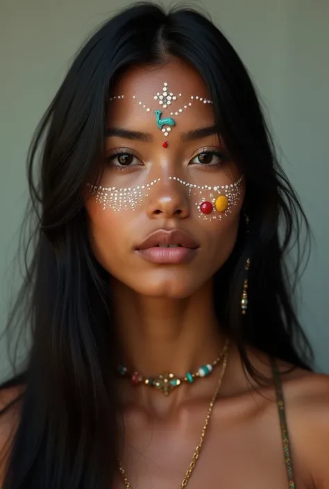  Create a hyperrealistic image ,  4K of an indigenous Brazilian woman with paints on her face, very very beautiful with beautiful and straight hair  ,  that has a bare neck and the visible hair  