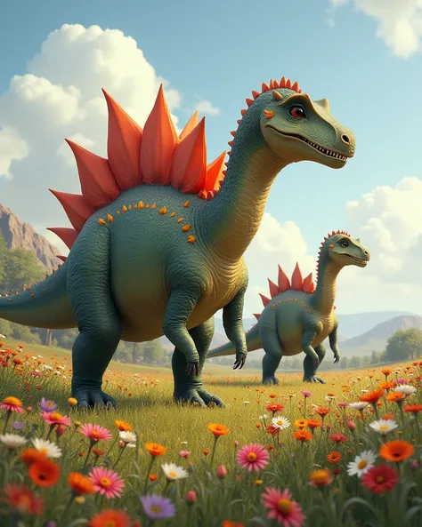 Stegosaurus dinosaurs stand majestically around a beautiful field of wildflowers.