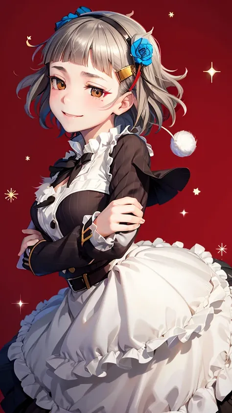 (((solo))), 1 woman, Sakuya Kurobane, sakuyaunif, kurobane_sakuya, (brown eyes), short hair, grey hair, black hairband, blue hair flower, red eyeliner, chest, blush, smile, (upper body), santa claus