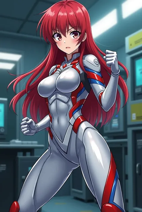   My Hero Academia Style ,   anime girl  , woman, young woman ,  full body shot ,( Fighting Stance :1.3), long hair, Red Hair,   Brown Eyes , hero suit, Full Body Suit, silver suit with red and blue details,  Perfect Anatomy  ,  enhanced abs , super detail...