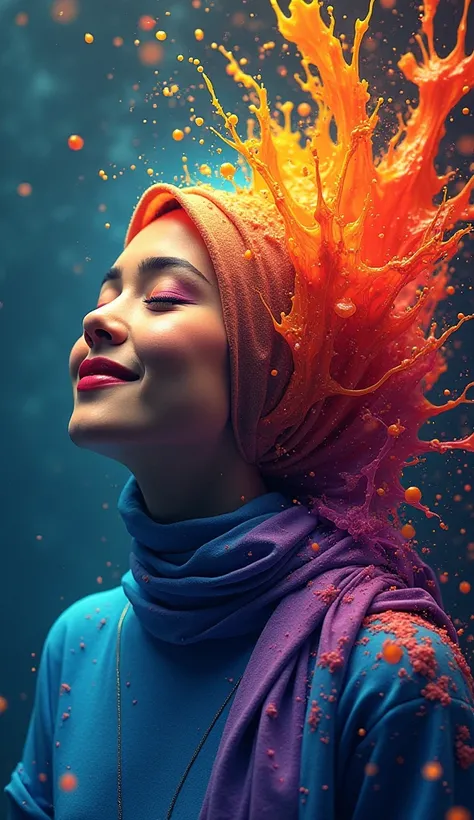 Expressing the flow of ink dancing in the wind,water effects,colorful water,goddess:govern the arts:Manipulating water:malay hijab woman smiling:sleeoing:perfect face:beautiful:malay hijab woman:healthy,Ink splash,Sparkling,Bright colors,light reflection,r...