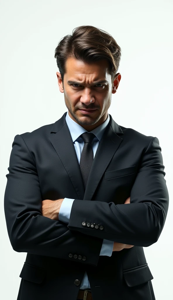 create side view of a young business man in business attire with angry expression looking towards camera , The overall tone is realistic and cinematic , full body Shot , full body view , head to toe shot , white background