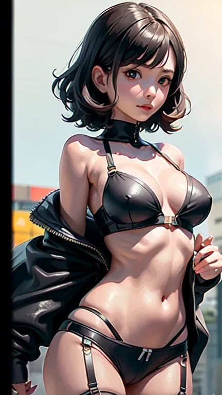 realistic portrait of a young japanese woman, tight clothing, daring pose, detailed facial features, shallow depth of field, balanced color palette, messy wavy hair, belly button exposed, tube top, garter belt, short hair, best quality, 4k, 8k, highres, ma...