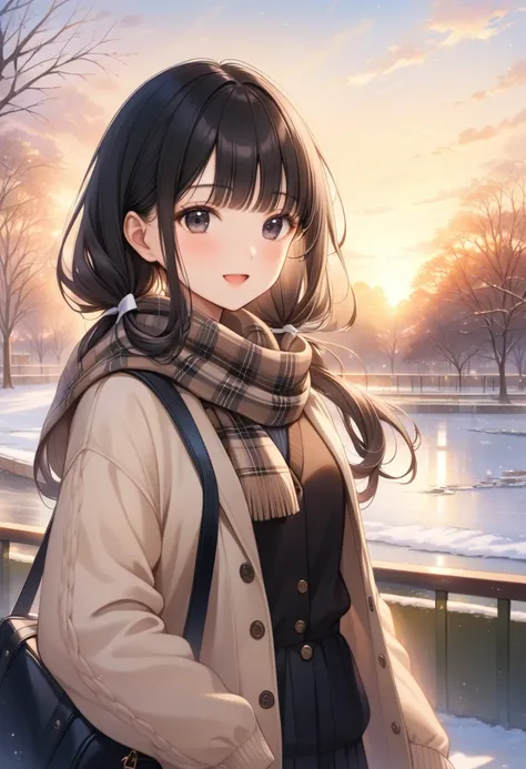 Upper body, 1girl, :D, ivory black eyes, Tareme, Long hair, low twintails, blunt bangs, black hair, Hair ribbon, Looking at viewer, Sailor collar, Bowtie, Light-brown cardigan, Scarf, School bag,

Park, Sunset view, Winter, Dusk, Evening lighting,

Masterp...