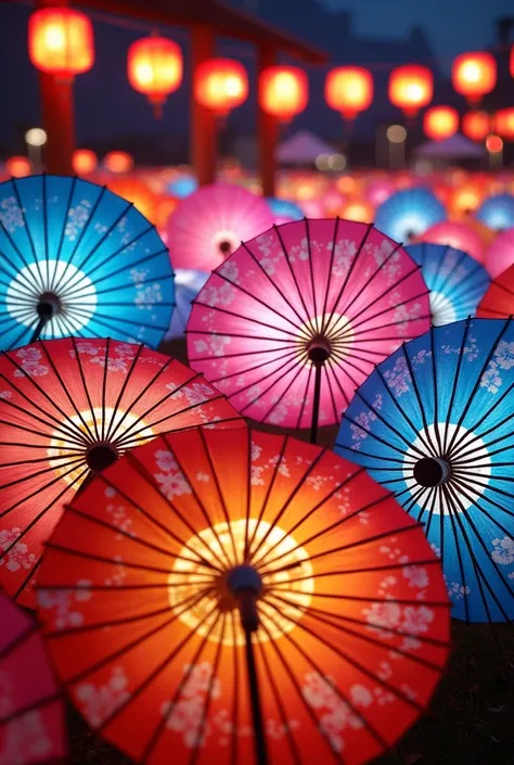 brightly colored [umbrella are displayed in a display of lights, Pictures inspired by Tanyu Kano, Pexels, Interactive Art, colorful  lantern, 日umbrella, colorful paper  lantern, Traditional Japanese colors,  lantern, chinese  lantern,  colorful lights, [um...