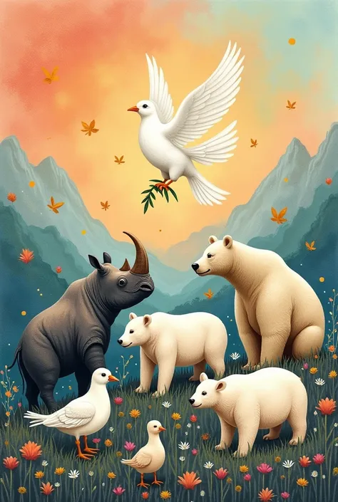 Draw an A3-sized hand-drawn picture with the theme “for world peace” in a harmonious color scheme. (draw a white dove with an olive branch, a tin bird, a rhinoceros, a polar bear, and a sand swan as animals representing peace)