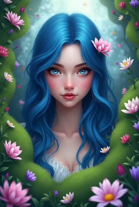 Illustration of woman with blue hair, moss and flowers