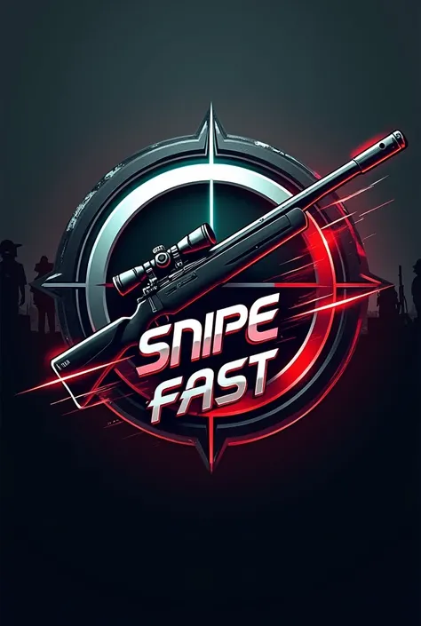 dynamic eSports logo for a team named We Snipe Fast, featuring a sleek sniper rifle angled diagonally, integrated into a bold, futuristic crosshair design. The crosshair includes a subtle reflection of a PUBG Level 3 helmet. Surrounding the crosshair, stre...