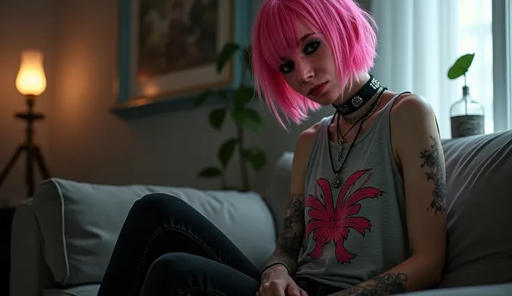 super detailed, ( realistic: 1,4), black colors, punk girl,  is sitting, grey sleeveless top with bright print , black skinny jeans,  short hair pink hair without bangs, Avant-garde punk fashion, Avant-garde makeup, Background — room ,  is sitting на сером...