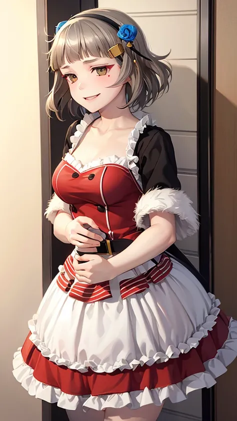 (((solo))), 1 woman, Sakuya Kurobane, sakuyaunif, kurobane_sakuya, (brown eyes), short hair, grey hair, black hairband, blue hair flower, red eyeliner, chest, blush, smile, (upper body), santa claus