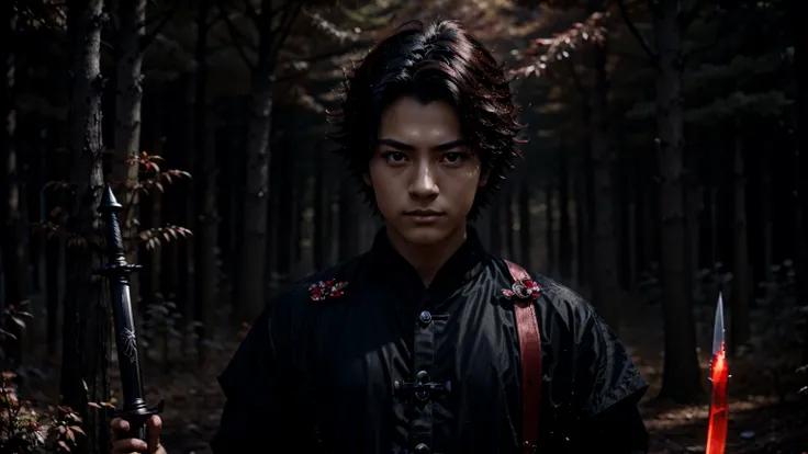 A highly detailed fantasy anime character tanjiro holding a glowing black sword with red energy, dramatic lighting on the characters face, , and intricate traditional clothing, set against a dark forest background with glowing orbs