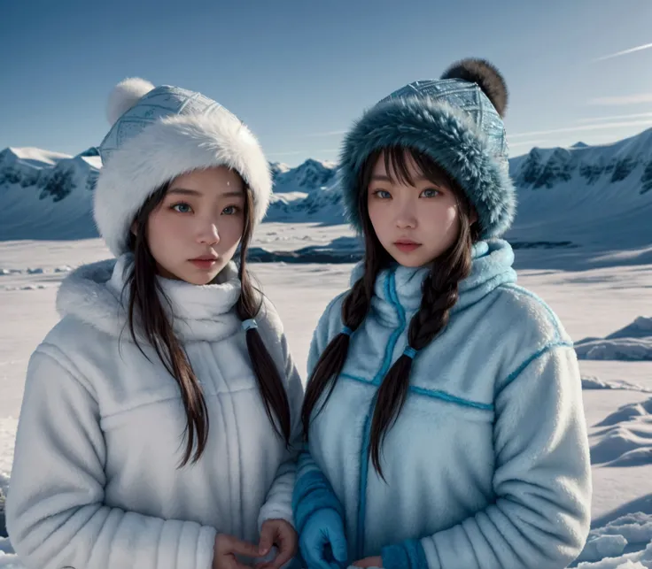 " An icy setting in an extreme winter landscape ,  representing life in an arctic region , like Yakutsk .  Two young women are in the foreground ,  wearing costumes that resemble bikinis ,  combined with typical winter accessories ,  like traditional fur h...