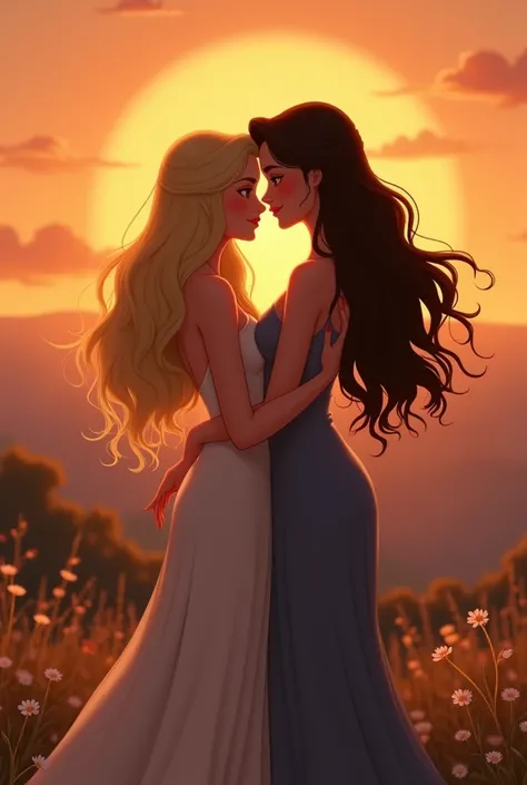 2 women seated ,  one of them with medium blonde hair and the other dark brown, The two with long hair ,  embracing each other watching the sunset ,  that the style of the image is Disney style 
