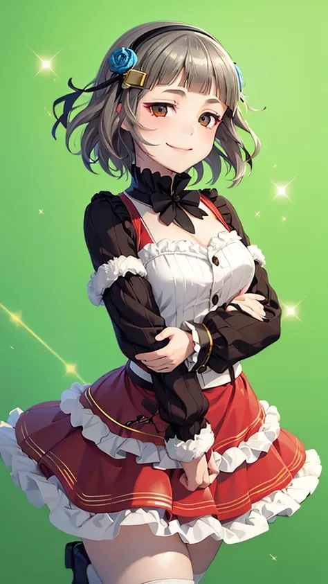 (((solo))), 1 woman, Sakuya Kurobane, sakuyaunif, kurobane_sakuya, (brown eyes), short hair, grey hair, black hairband, blue hair flower, red eyeliner, chest, blush, smile, (upper body), santa claus