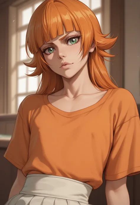 Petite loli (Bleach) with long orange hair. Large green eyes. Hair bangs kept in upward half knot. Flat chest. Large orange shirt.