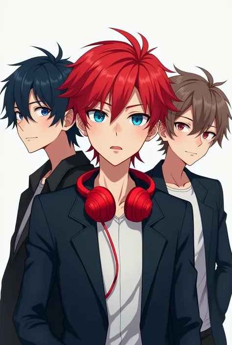  Cool ， boys，blue eyes，Only one with black hair is red hair ，  and wears red headphones around her neck，2D，Alone