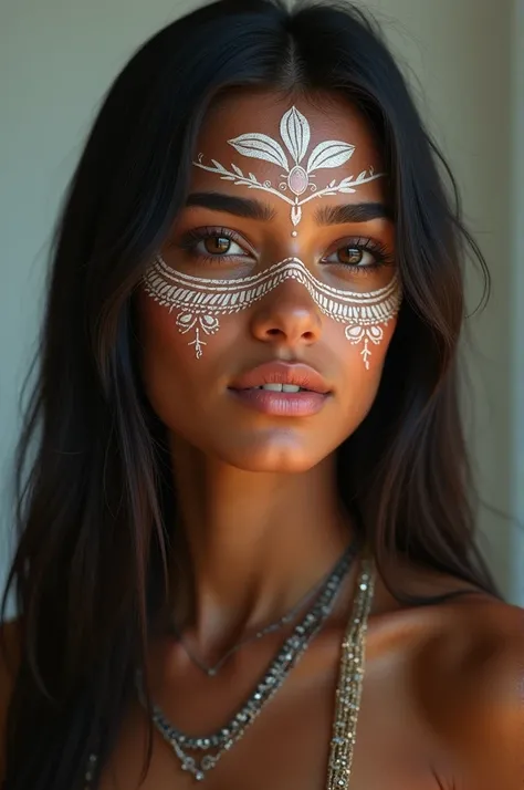  Create a hyperrealistic image ,  4K of an indigenous Brazilian woman with paints on her face, very very beautiful with beautiful and straight hair  ,  that has a bare neck and the visible hair  