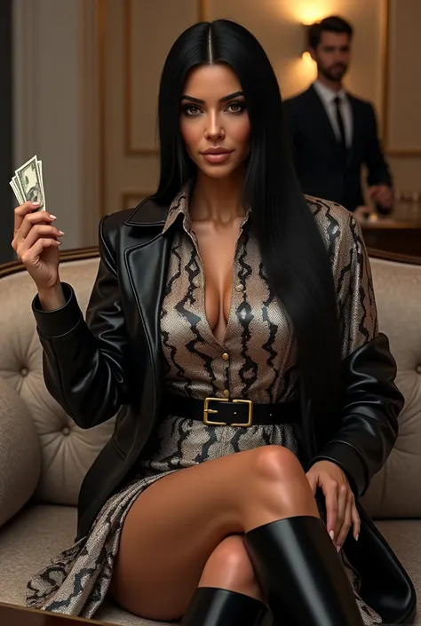 Kim Kardashian with straight long black hair in a very long snake pattern satin shirt with collar and buttons and a wide black belt,  in a living room ,  You can see her whole body  , she wears black overknees, She is also wearing a short black leather jac...