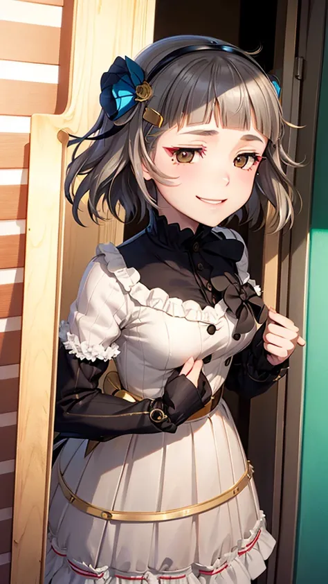 (((solo))), 1 woman, Sakuya Kurobane, sakuyaunif, kurobane_sakuya, (brown eyes), short hair, grey hair, black hairband, blue hair flower, red eyeliner, chest, blush, smile, (upper body), santa claus