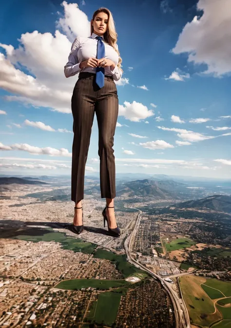  Towering giant blondes girl，(500,000 feet high、Looking up at the approaching woman from below), A sophisticated and stylish woman in a light brown perfectly smooth italian pinstriped trousers suit, form fitting crisp white shirt tucked neatly in trousers,...