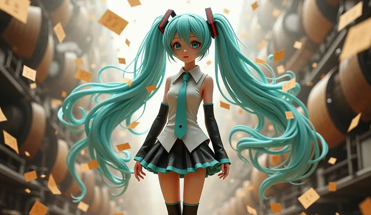 

a 初音ミク made up of typography elements, typefaces, letters, numbers, paper, in a fantastic world with old press machine, typographyc machine, paper and typefaces fly
