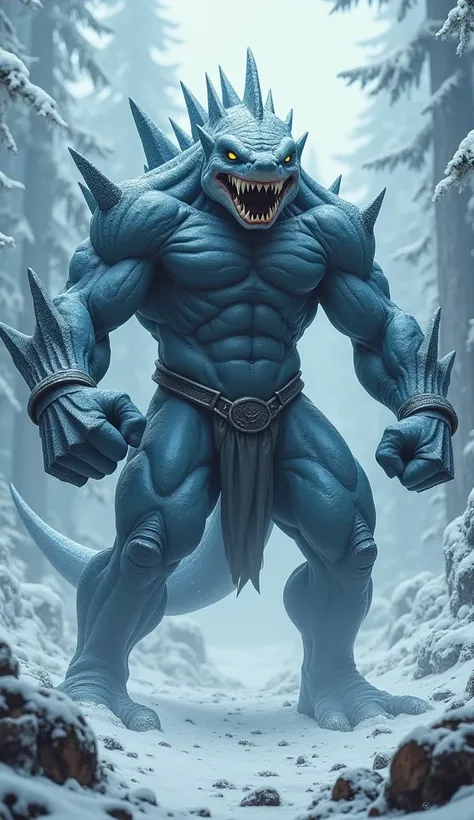 "A fierce hybrid creature combining the characteristics of a shark and a muscular fighter man. The creature has the powerful, streamlined body of a shark, with muscular arms and legs that reflect the build of a seasoned fighter. Its skin is a mix of tough,...