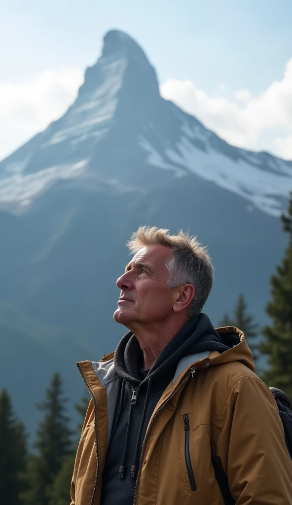  a middle-aged man , In front of a mountain,  looking up.