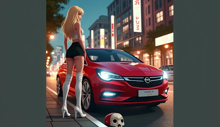 lets start with the night in the city background 
Blonde with big ass dressed in super short black mini skirt big ass  white boots air foorce 1 and white bra  rests on a mask of red opel and astra h in anime erotic style 
standing with her back to the came...