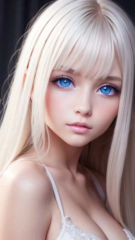 Beautiful, white and radiant skin、 platinum blonde hair color that changes color depending on the amount of light 、 bangs between eyes obstruct visibility 、Shiny highlights on the cheeks、 sexy and very beautiful nice innocent cute first 々 gorgeous young fa...