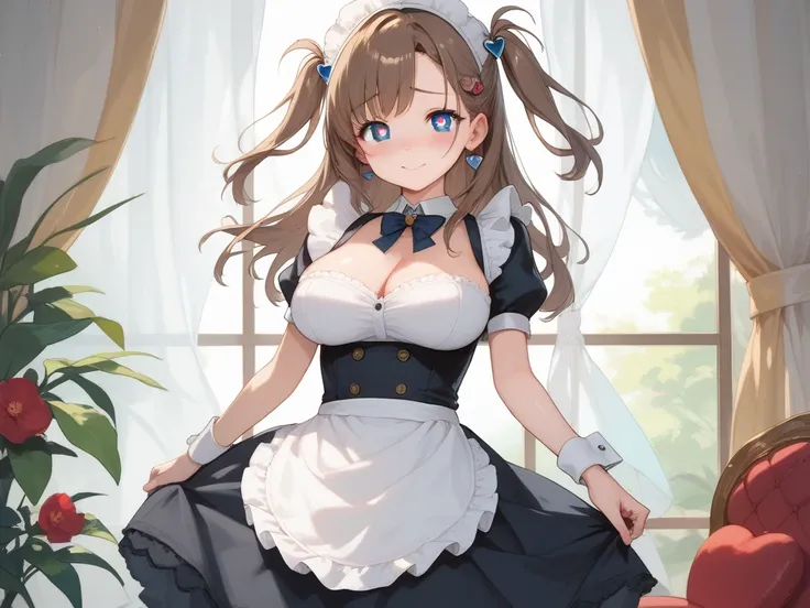 (masterpiece,cute:1.5),maid clothes,  1girl, brown hair, two side up, blue eyes, cherry-shaped hair accessory,heart-shaped pupils,  shiny skin,  large breasts, embarrassed, shy smile, black tights, split screen,hand to curtains,transparent curtains, openin...