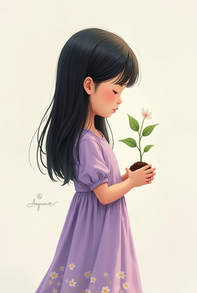 A ten-year-old girl with straight black hair ,  long and fringed holds a plant sapling .  She is standing and wearing a little lilac dress with a watercolor effect and a drawing shape 