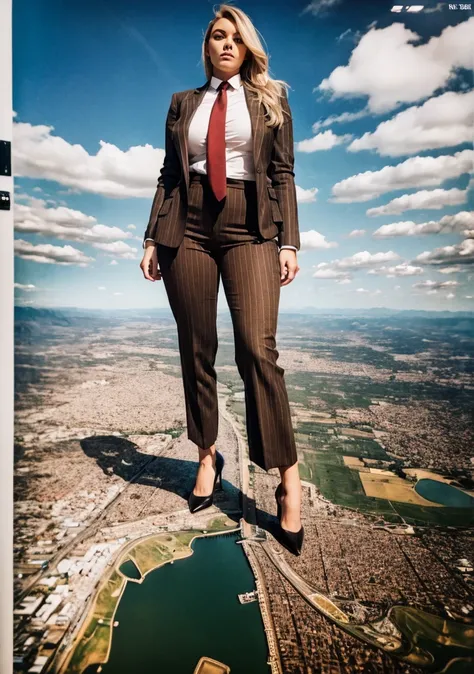  Towering giga giantess blondes girl，(500,000 feet high、Looking up at the approaching woman from below), A sophisticated and stylish woman in a light brown perfectly smooth italian pinstriped trousers suit, form fitting crisp white shirt tucked neatly in t...