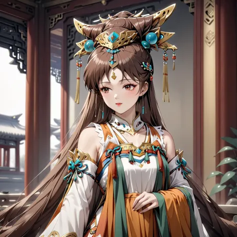 (( top quality)), ((masterpiece)), ( Details), （ perfect face）、The woman is Princess Leona, who has bright brown hair and is wearing a Yang Guifei costume in an ancient Chinese palace