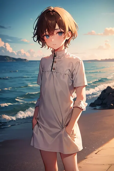 teenage boy wearing plain beige tunic and spats, on the seaside, (beautiful detail eyes), (soft+cute), ((best quality)), ((masterpiece))