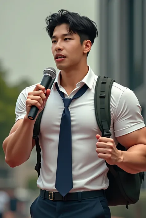 Korean Mens สวมเสื้อสีบาดเมาะติดกระดุมสีขาวและผมดำกำลังบรรยายด้วยไมโครโฟน, Navy blue tie and backpack , (((Big arm muscles,  tight breasts ,  Muscle Bundle, ))), (((polo olivegreen Solid ))),, (((Men with short hair))), (((, big muscles, big torso))), (((S...