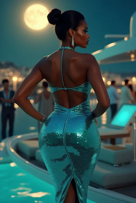 A curvaceous Black woman in a backless halter top made of shimmering aqua sequins, paired with a matching high-waisted pencil skirt that features a daring side slit. She accessorizes with silver drop earrings and strappy metallic heels. Her hair is styled ...