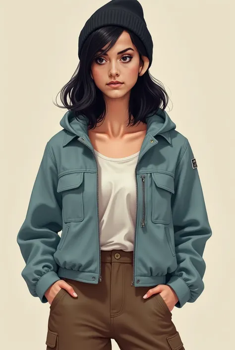 Real human photo, Fika is a 25 years old woman,.medium tall body,  shoulder length   wavy  black hair and fair skin. She has well-defined eyebrows, large black eyes, and a neutral expression on her face.  Wearing plain  light blue jacket, brown cargo pant,...