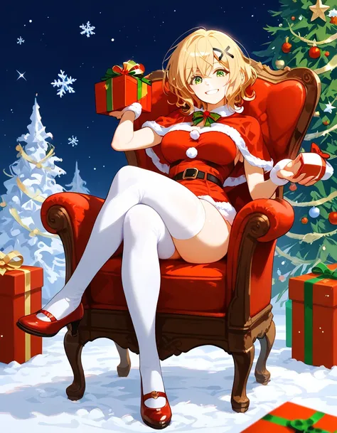 masterpiece, ((( best quality, perfect anatomy))), from half front, sitting at chair, crossed legs, smile, wavy, akatsuki kirika, blonde hair, short hair,  solo, green eyes, looking at viewer, medium breasts, x hair ornament, large breasts, full body, perf...