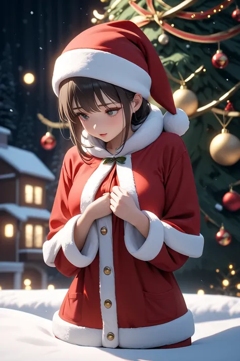 Masterpiece, High Resolution, UHD, High Quality, High Details, cinematic lighting, innocent girl, sexy santaclaus, undressed, fingerless, perfecto finger, background snowy chrismast tree