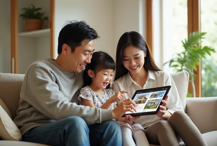 A realistic photo-style scene of a Japanese family of three—parents and a young daughter—sitting together on a comfortable beige sofa in a bright, cozy living room. The father, wearing a casual sweater, is leaning slightly toward his wife and daughter, smi...