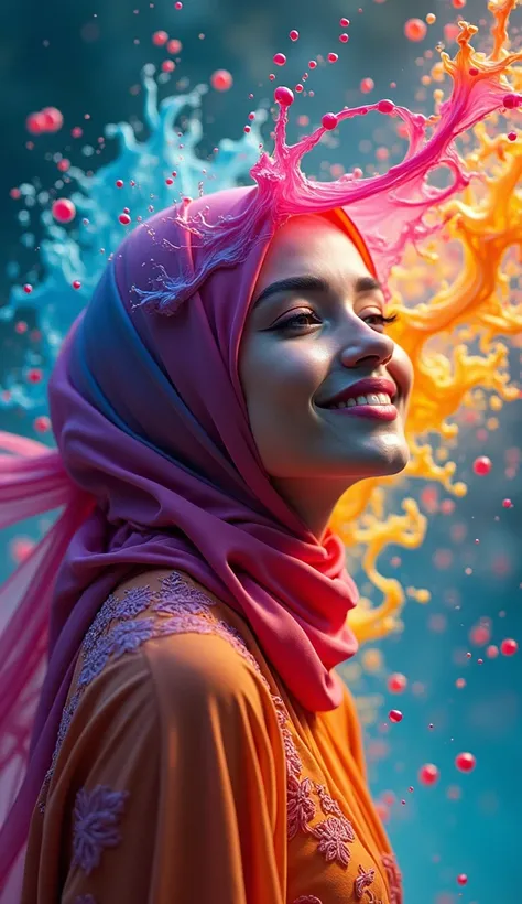 Expressing the flow of ink dancing in the wind,water effects,colorful water,goddess:govern the arts:Manipulating water:malay hijab woman smiling towards camera:sleeoing:perfect face:beautiful:malay hijab woman:healthy,Ink splash,Sparkling,Bright colors,lig...