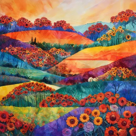 Masterpiece, best composition, dynamic composition, colorful landscape painting, , midsummer landscape, with sunflowers, trees and hills, colorful landscape painting, vibrant oil painting, vibrant abstract landscape, detailed impasto, colorful sun, colorfu...