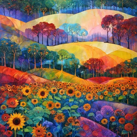 Masterpiece, best composition, dynamic composition, colorful landscape painting, , midsummer landscape, with sunflowers, trees and hills, colorful landscape painting, vibrant oil painting, vibrant abstract landscape, detailed impasto, colorful sun, colorfu...