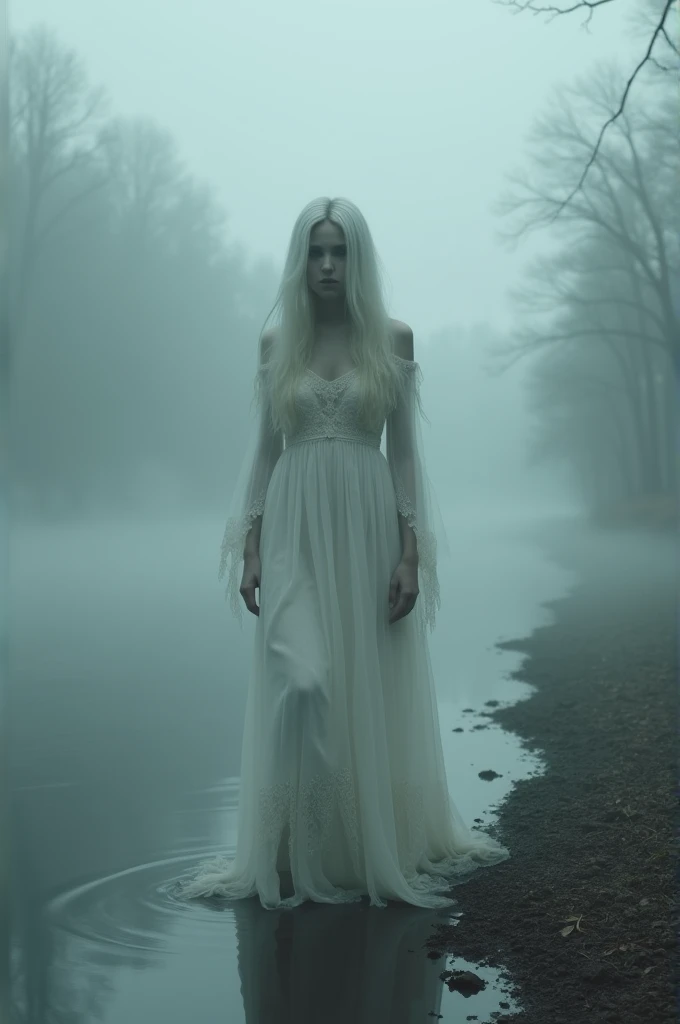 **Cursed Soul:** An ethereal image of the woman in white wandering alone by the riverbank, surrounded by mist, symbolizing her eternal condemnation and search for her ren.