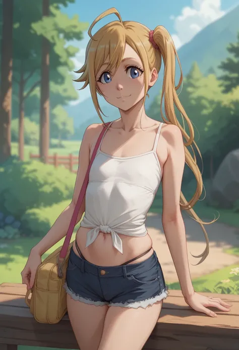 Aoi Inuyama (Yuru Camp) with EXTREMELY long WHITE straight hair with ahoge, white pale skin and large NAVY BLUE eyes. Skiny flat chest. Loli. Casual outfit. (Bleach art style)