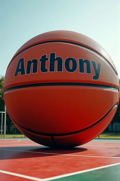 Big basketball on a basketball court that says Anthony 