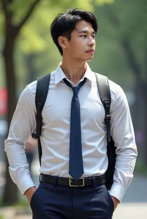 Realistic image, Korean Mens wearing a white button-down shirt and black hair., Navy blue tie and backpack , (((Big arm muscles,  tight breasts ,  Muscle Bundle, ))), (((polo olivegreen Solid ))),, (((Men with short hair))), (((, big muscles, big torso))),...