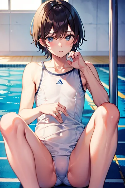 teenage boy wearing plain beige tunic and spats, on indoor swimming pool, (beautiful detail eyes), (soft+cute), ((best quality)), ((masterpiece))