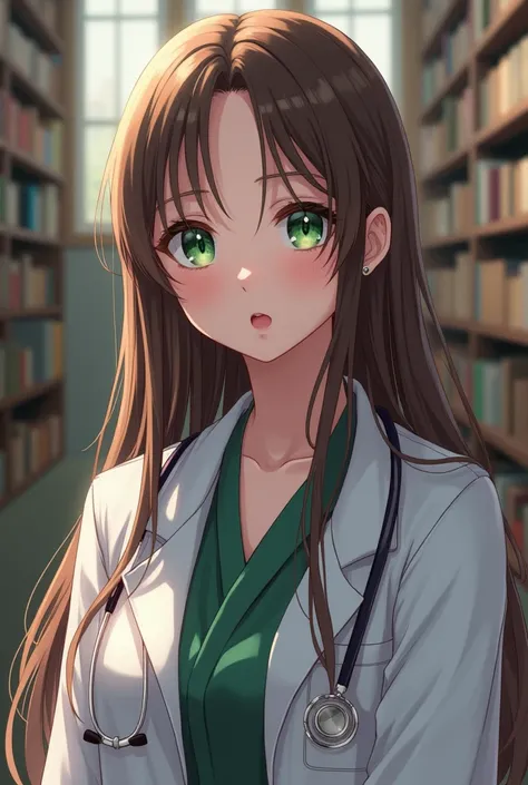 Create me a beautiful white-eyed green-eyed ,  long brown hair , large pink lips,  girl wearing a doctors costume at university studying 