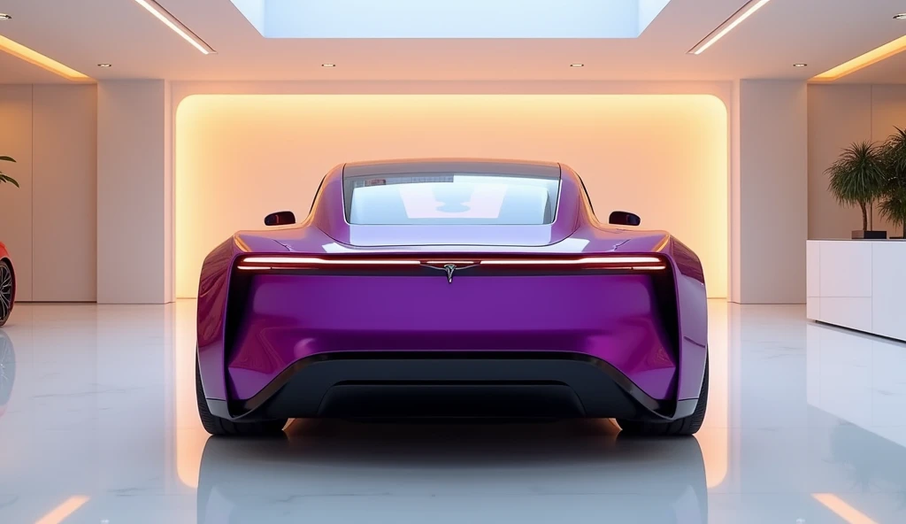 A Direct straight back view  of a 2025 Candy purple color (Tesla Model Q) , standing in a white luxury showroom. The showroom has warm goldan hue lights